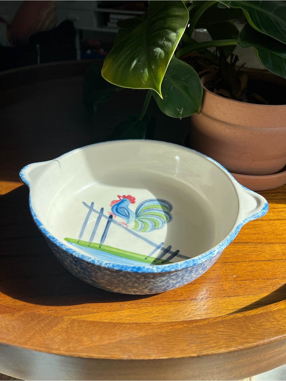 Hand-Painted Rooster Ceramic Baking Dish - Blue and White
